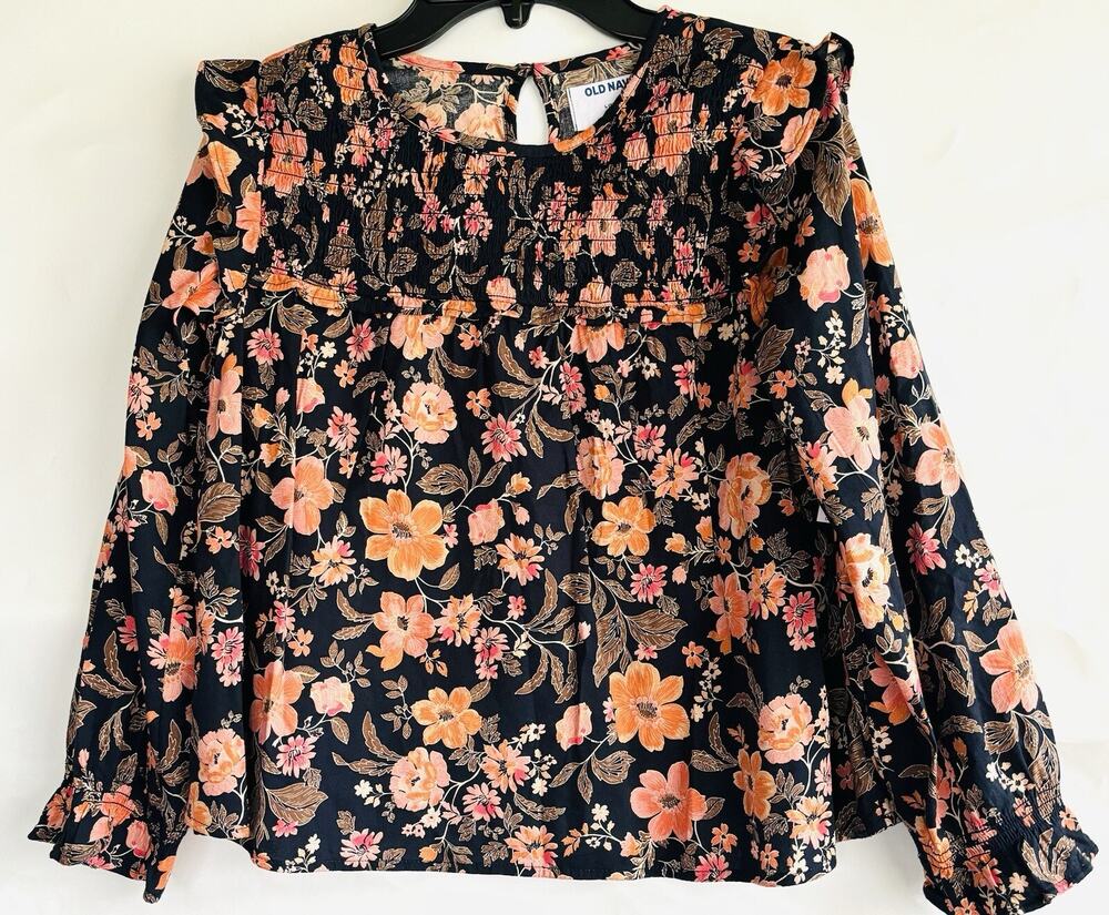 Old Navy Kid's black floral long sleeve shirt blouse size girls L 10-12